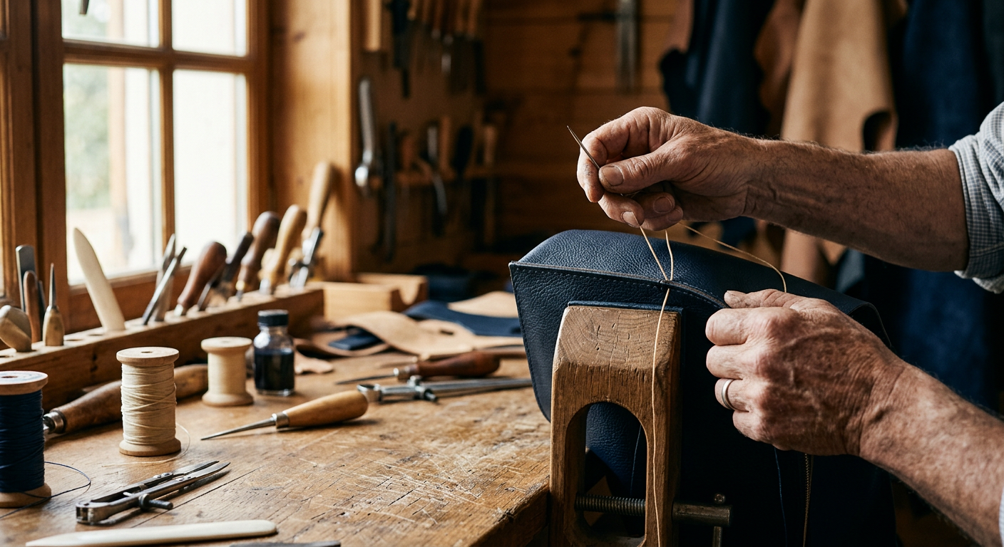Un artisan maroquinier coud un sac en cuir à la main sur son établi
